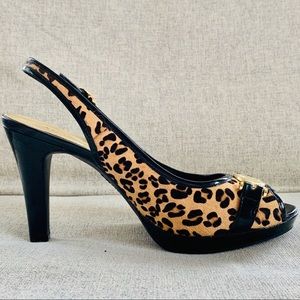 Leopard print peep toe sling back heels